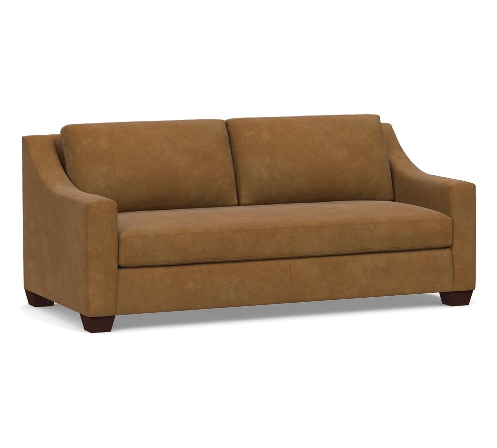 York Slope Arm Leather Sofa 80" with Bench Cushion, Polyester Wrapped Cushions, Nubuck Camel - Image 0