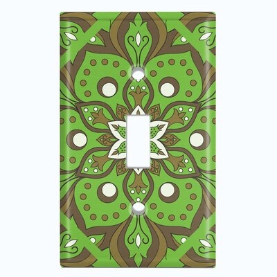 Metal Light Switch Plate Outlet Cover (Olive Green Brown Elegant Mandala Flowers Tile   - Single Toggle) - Image 0