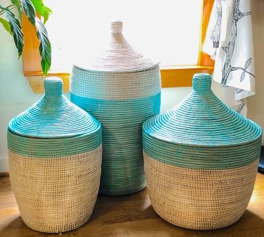 Tilda Two-Tone Woven Basket, Turquoise - Wide - Image 1