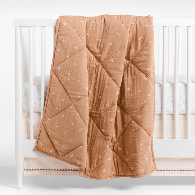 Supersoft Terracotta Leaf Print Cotton Gauze Baby Crib Quilt - Image 0