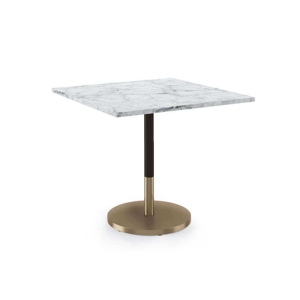 Restaurant Table:Top 36" Square: White Faux Marble + Dining Ht Orbit Base: Bronze/Brass - Image 0