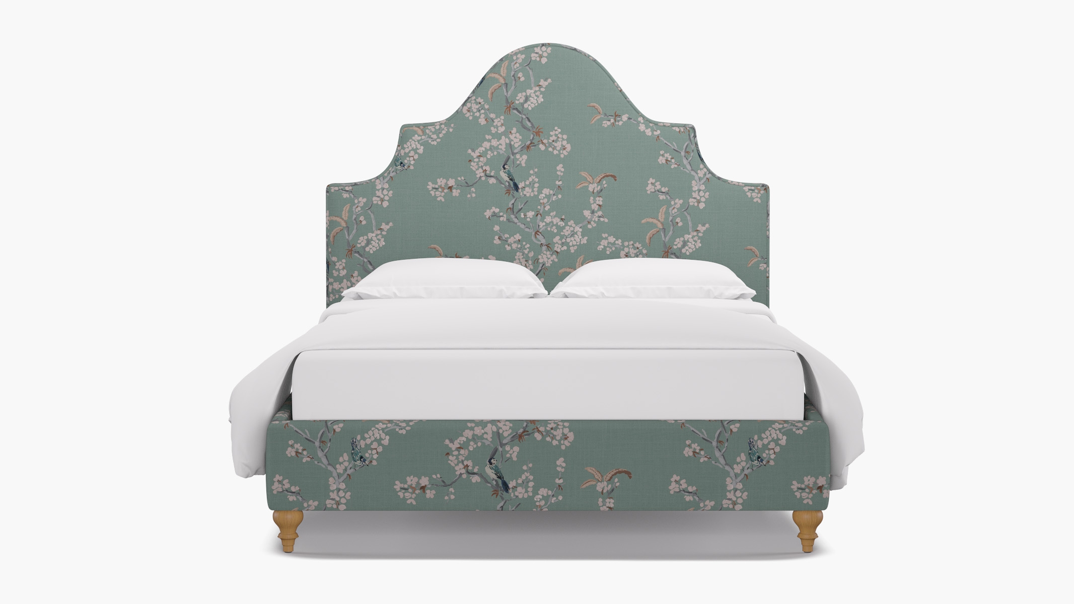 Statement Bed, Mint Cherry Blossom, Natural Traditional Turned Leg, Twin - Image 0
