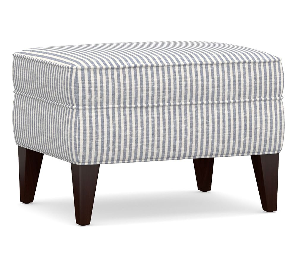 Marcel Upholstered Ottoman, Polyester Wrapped Cushions, Classic Stripe Blue - Image 0