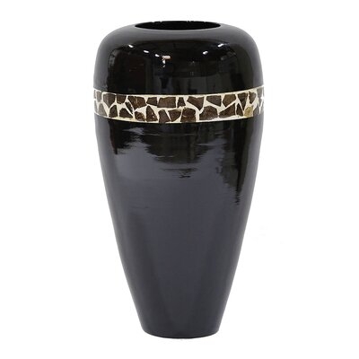 10.25" X 10.25" X 19" Black Lacquer With Brown Coconut Shell Bamboo Spun Bamboo Vase - Image 0