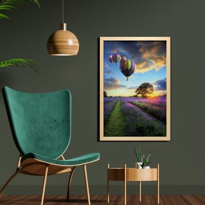 Ambesonne Hot Air Balloon Wall Art With Frame, Spring Lavender Field At Sunrise Various Air Vehicle On Sky Print, Printed Fabric Poster For Bathroom Living Room Dorms, 23" X 35", Blue And Pale Blue - Image 0