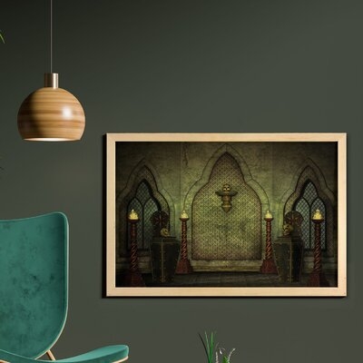 Ambesonne Gothic Wall Art With Frame, Fantasy Scene With Old Fashioned Wooden Torch And Skull Candlesticks In Dark Spooky Room, Printed Fabric Poster For Bathroom Living Room Dorms, 35" X 23", Brown - Image 0