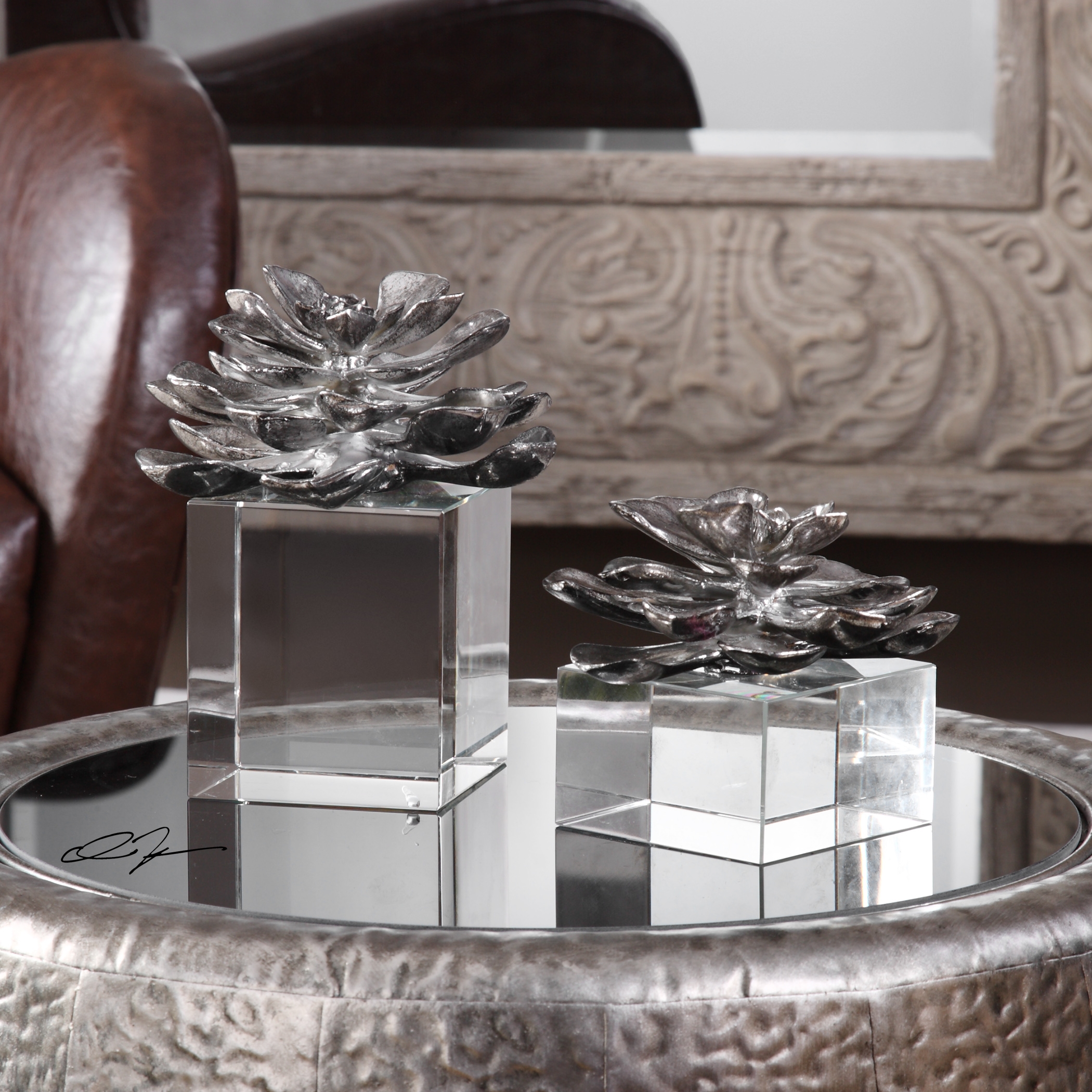 Indian Lotus Metallic Silver Flowers Set/2 - Image 2