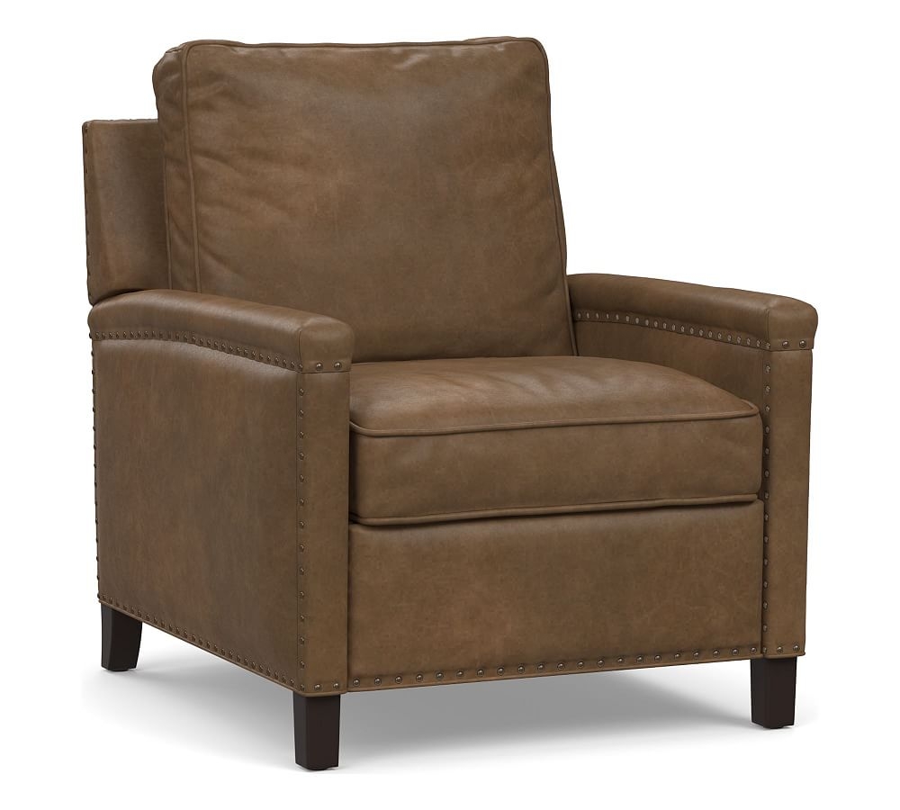 Tyler Square Arm Leather Recliner with Nailheads, Down Blend Wrapped Cushions Churchfield Chocolate - Image 0