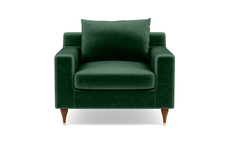 Sloan Accent Chair with Green Malachite Fabric, down alternative cushions, and Oiled Walnut with Brass Cap legs - Image 0