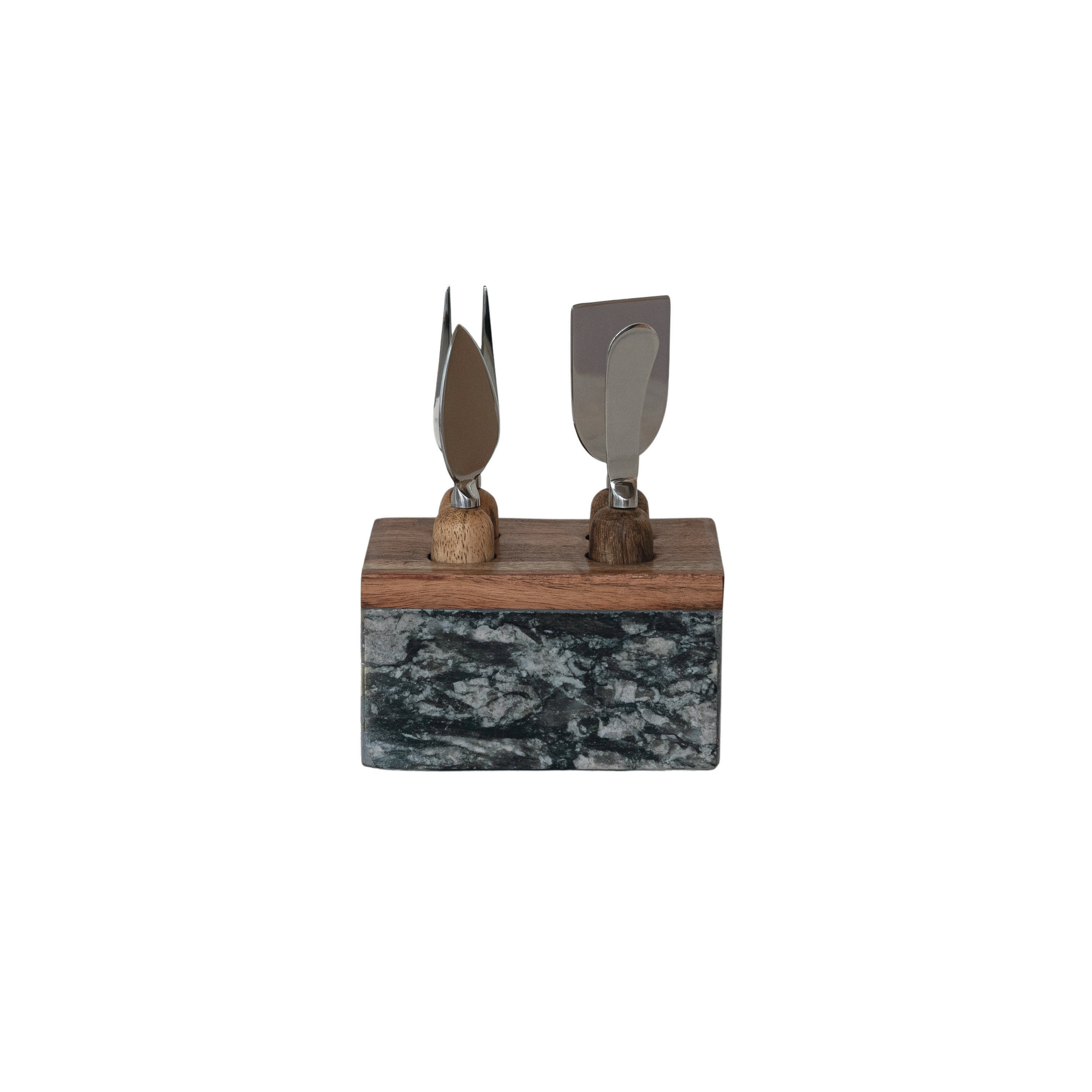 Marble Cheese Server Set with Mango Wood Stand, Black, Set of 4 - Image 0
