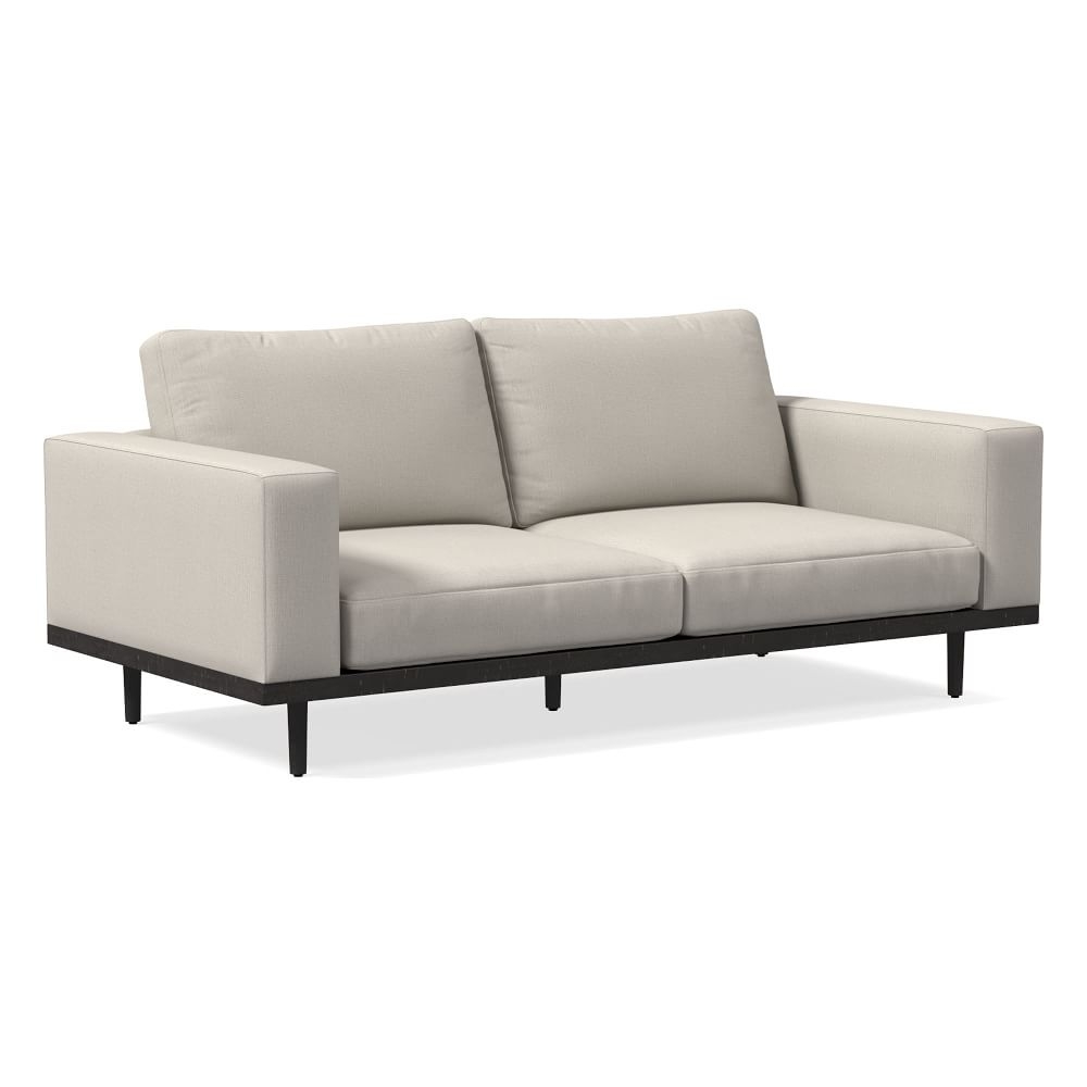Newport 84" Box Cushion Sofa, Yarn Dyed Linen Weave, Alabaster, Black - Image 0