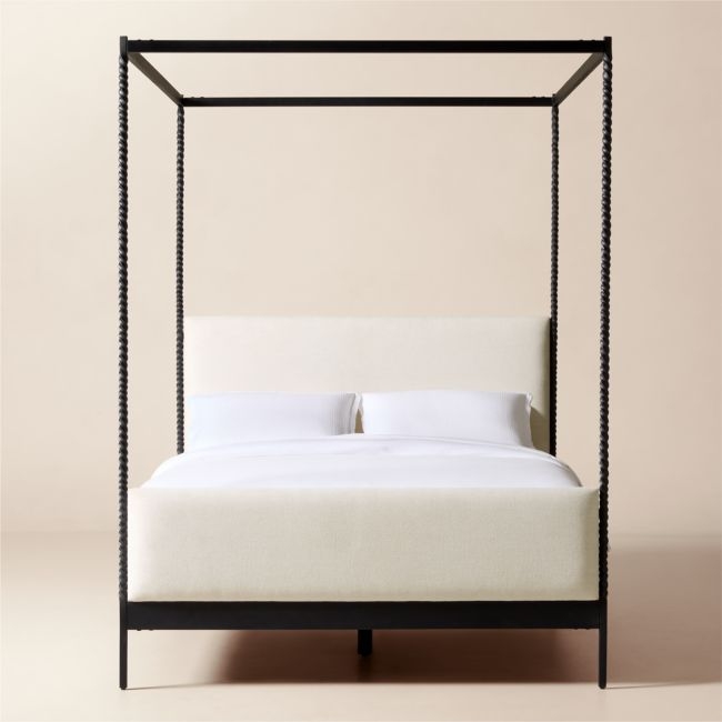 Amani Hand-Forged Steel Framed Warm White Upholstered Canopy Queen Bed - Image 0