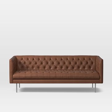 Modern Chesterfield 79" Sofa, Poly, Charme Leather, Cigar, Brass - Image 0