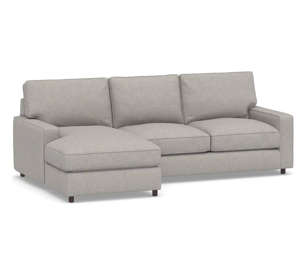 PB Comfort Square Arm Upholstered Right Arm Loveseat with Chaise Sectional, Box Edge, Down Blend Wrapped Cushions, Premium Performance Basketweave Light Gray - Image 0