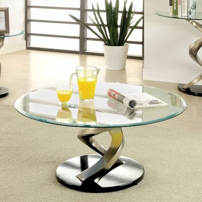 Coffee Table With Twisted Metal Base And Round Glass Top, Silver And Black - Image 0