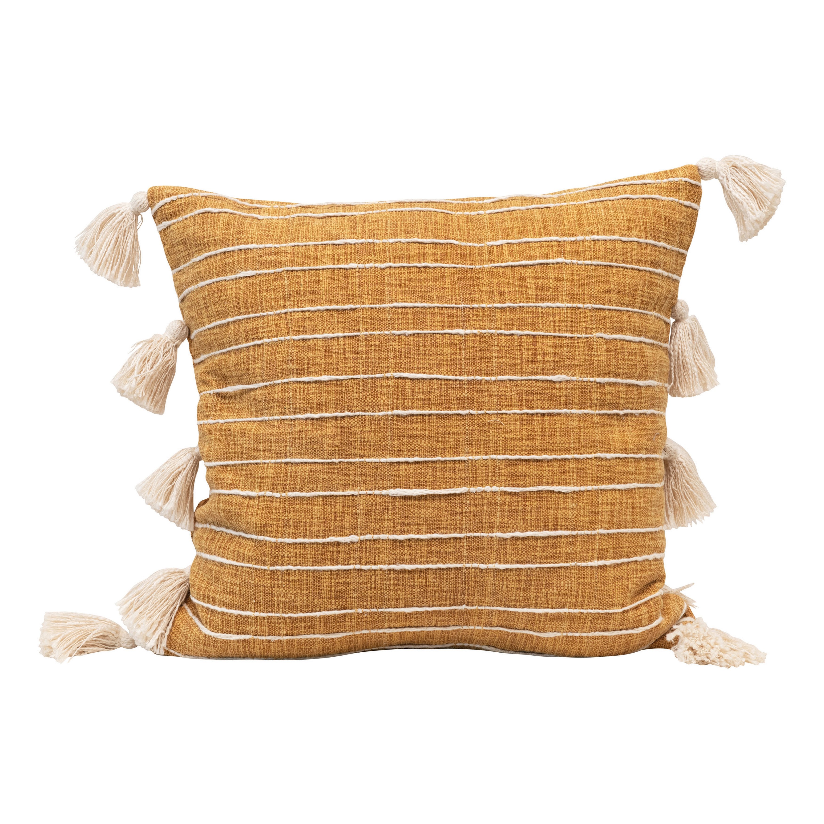 Cotton Woven Pillow with Appliqued Stripes & Tassels, Mustard Color & White - Image 0