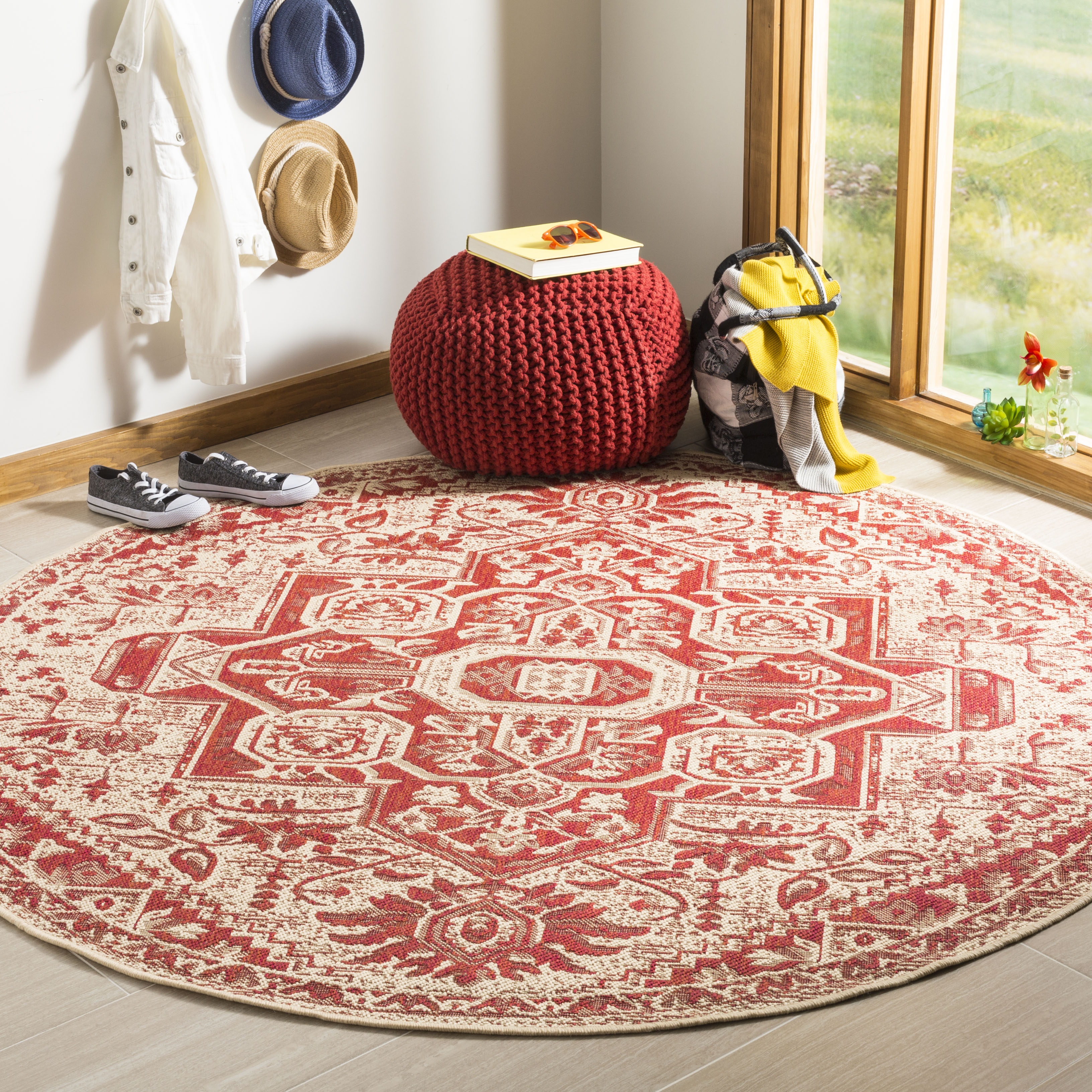 Arlo Home Indoor/Outdoor Woven Area Rug, LND138Q, Red/Cream,  6' 7" X 6' 7" Round - Image 1