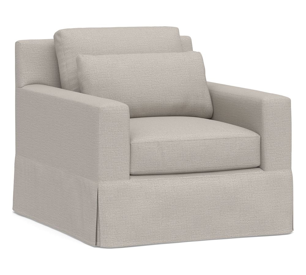 York Square Arm Slipcovered Deep Seat Armchair, Down Blend Wrapped Cushions, Chunky Basketweave Stone - Image 0