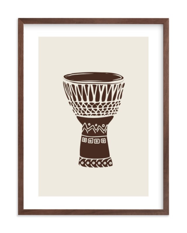 African Drum Art Print, walnut frame, oak color, white border - Image 0