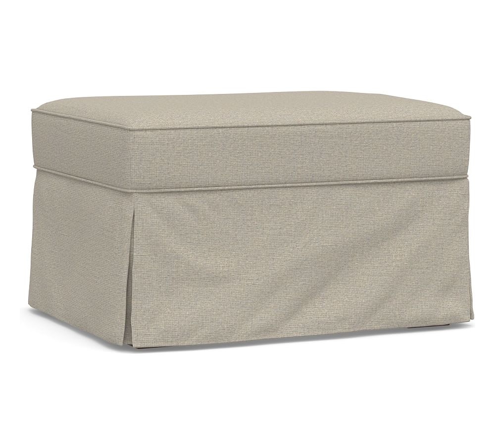 PB Comfort Roll Arm Slipcovered Ottoman, Box Edge Memory Foam Cushions, Performance Boucle Fog - Image 0