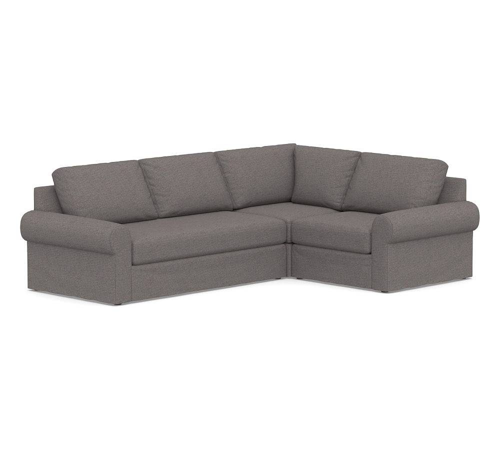 Big Sur Roll Arm Slipcovered Left Arm 3-Piece Corner Sectional with Bench Cushion, Down Blend Wrapped Cushions, Brushed Crossweave Charcoal - Image 0