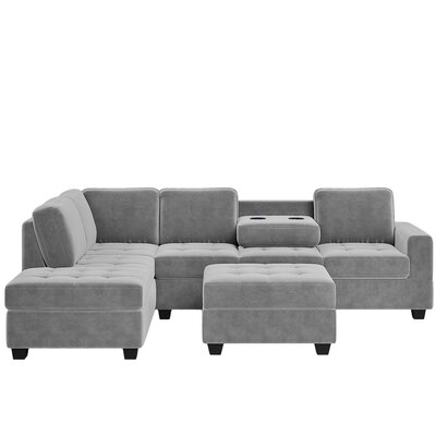 Latitude Run® Convertible Sectional Sofa With Reversible Chaise, L Shaped Couch Set With Storage Ottoman And Two Cup Holders For Living Room - Image 0