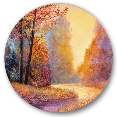 Path In The Autumn Forest Orange Leaves Landscape - Lake House Metal Circle Wall Art - Image 0