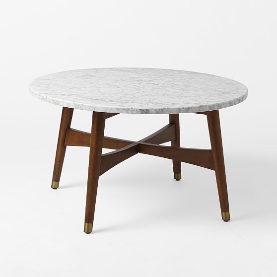 Reeve Mid-Century 30" Round Coffee Table, Marble, Walnut - Image 0