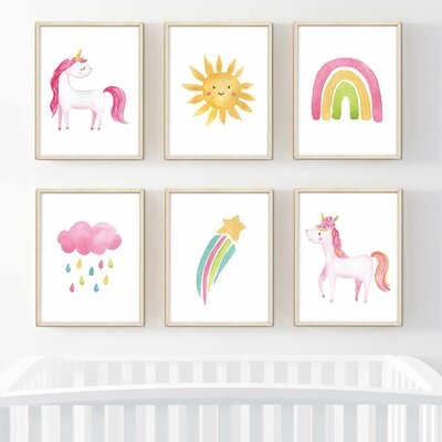 Darleene Fun Unicorn Rainbow Sun Shooting Stars 6-Piece Set Paper Print - Image 0