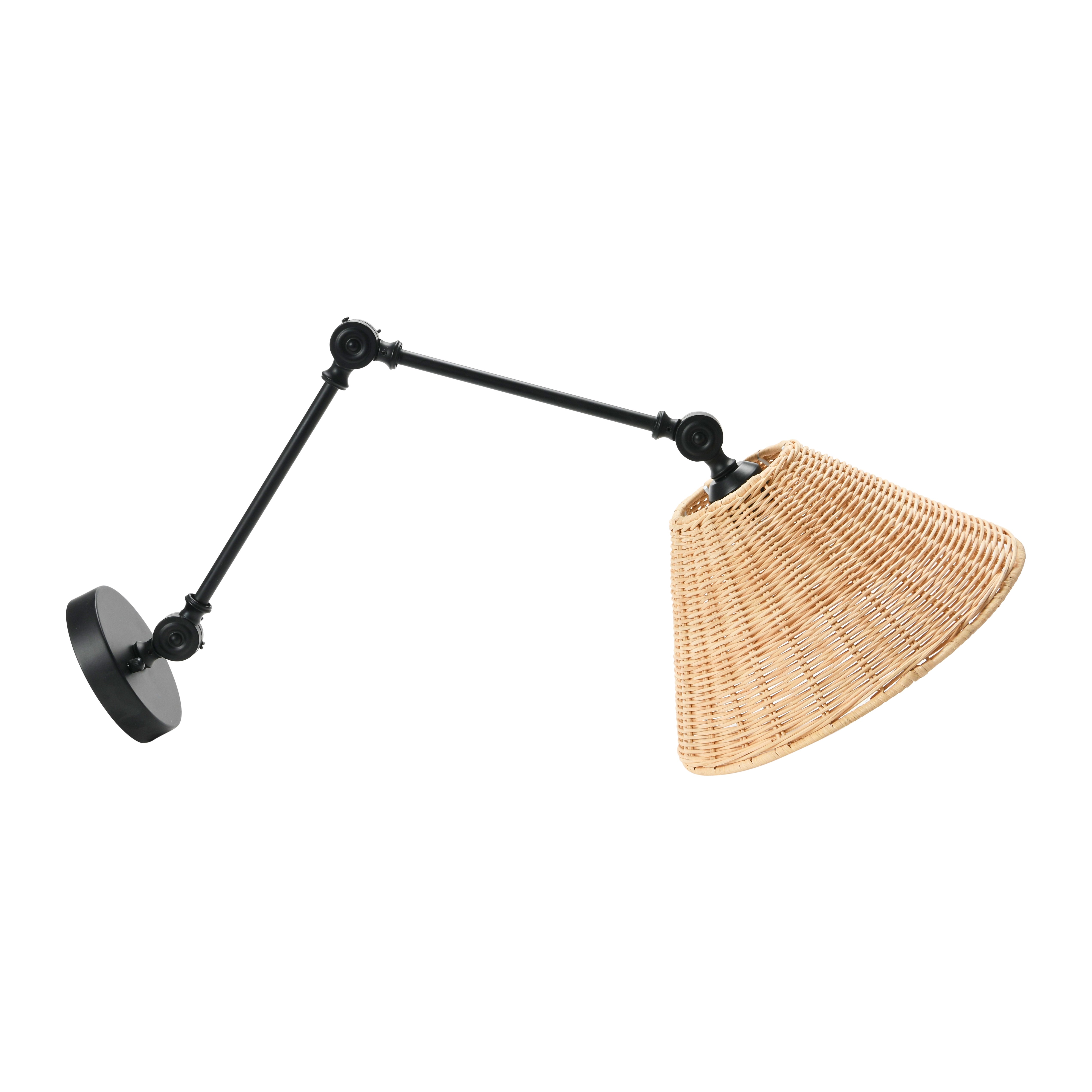 Coastal Adjustable Wall Sconce with Neutral Beige Rattan Shades, Black Metal Finish - Image 0