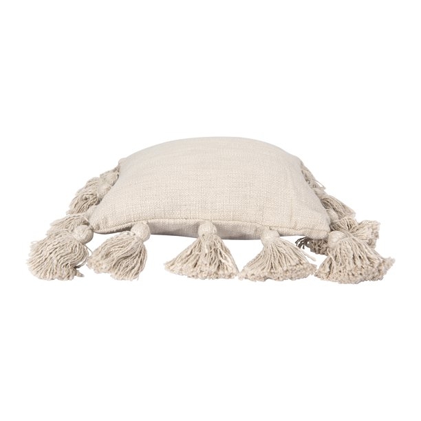 Mini Square Cream Cotton Pillow with Tassels - Image 1