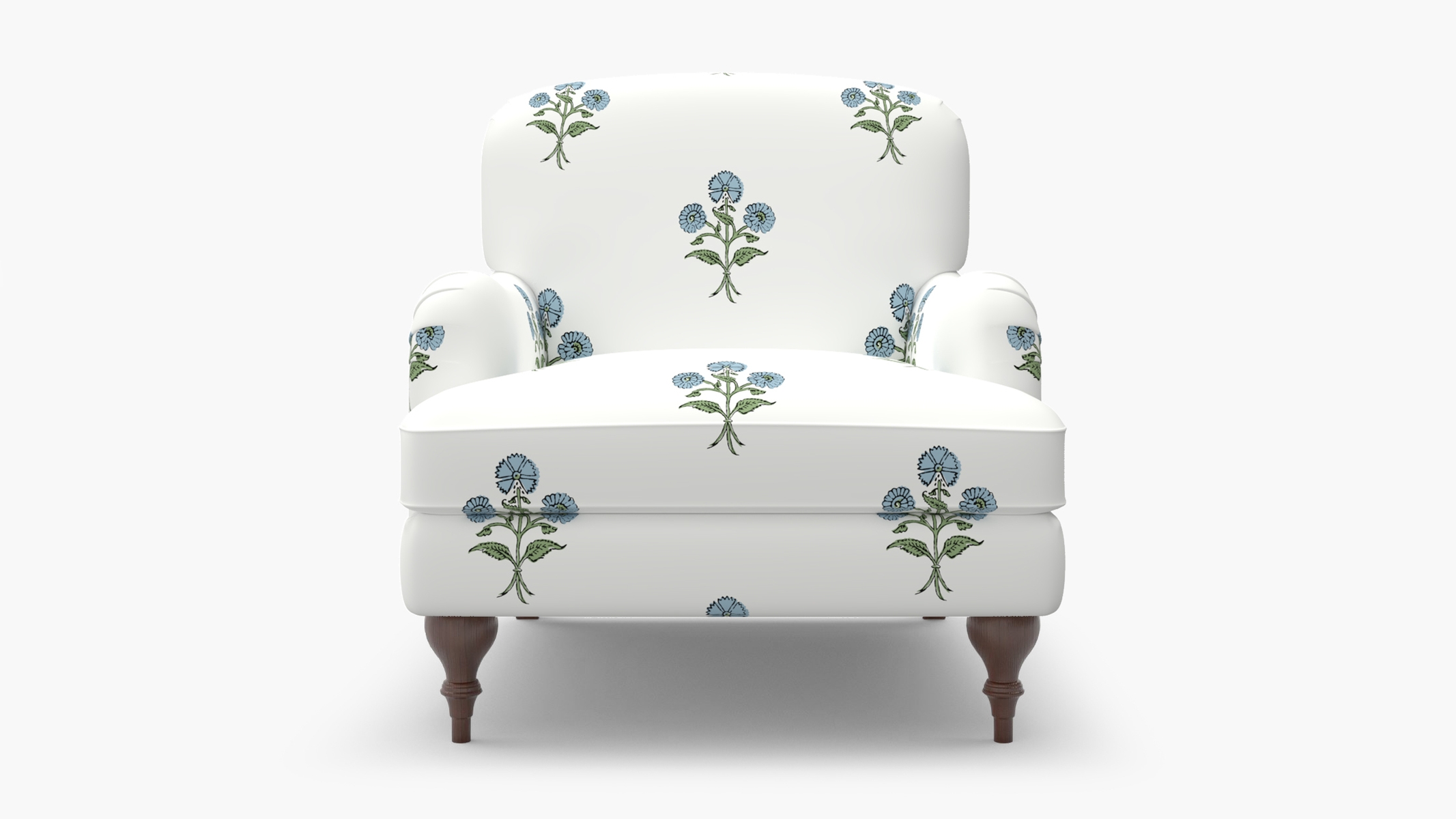 English Roll Arm Chair, Blue Delphine, Walnut Turned Wood Leg - Image 0