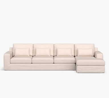Big Sur Square Arm Slipcovered Deep Seat Right Arm Grand Sofa with Chaise Sectional, Down Blend Wrapped Cushions, Performance Heathered Basketweave Platinum - Image 2