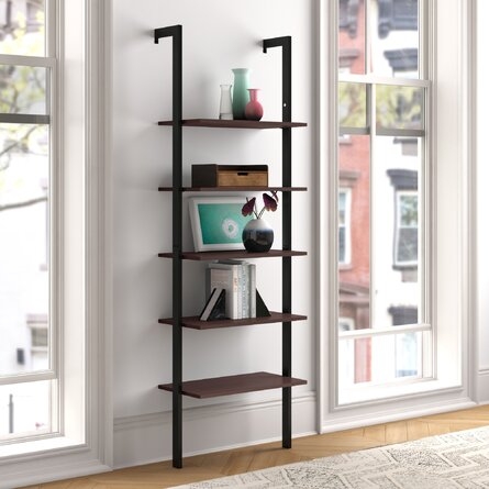 5-tier Ladder Shelf Wood Wall Mounted Bookshelf, Metal Frame Display Shelf - Image 2