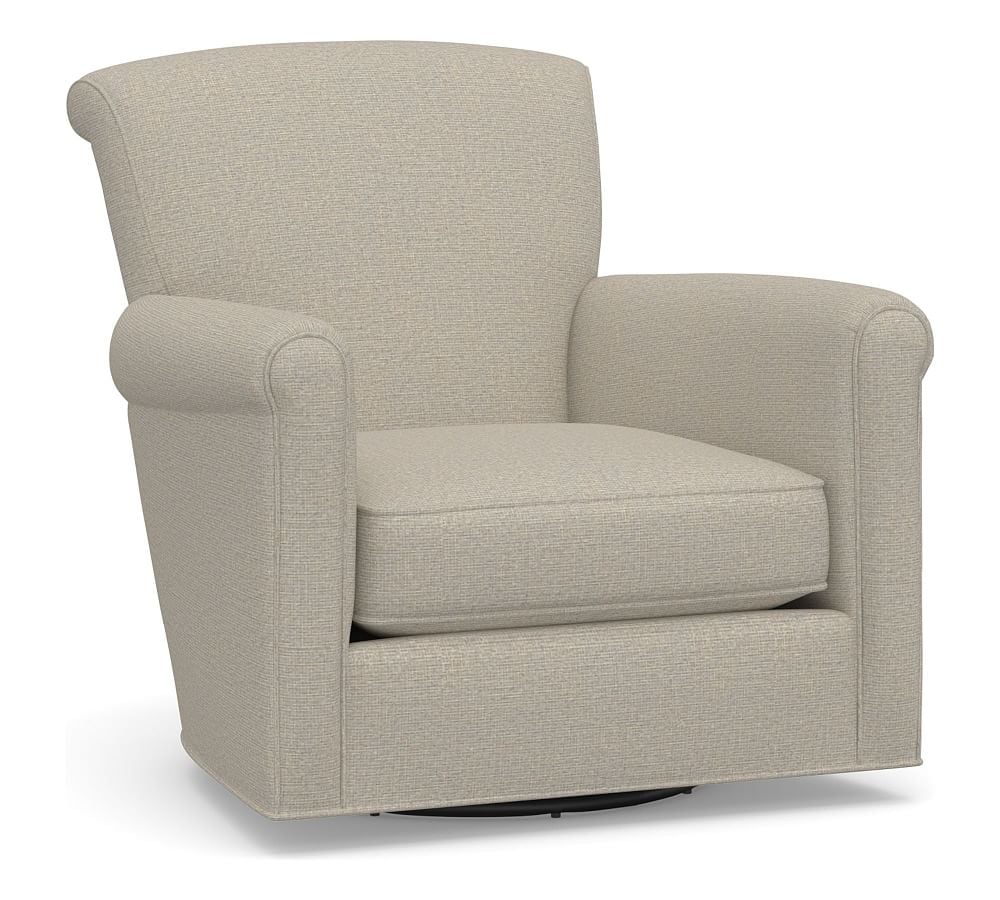 Irving Roll Arm Upholstered Swivel Armchair, Polyester Wrapped Cushions, Performance Boucle Fog - Image 0