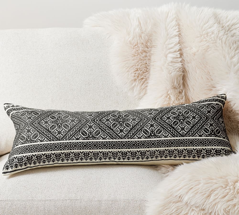 Callia Embroidered Lumbar Pillow Cover, 14" x 36", Charcoal - Image 0