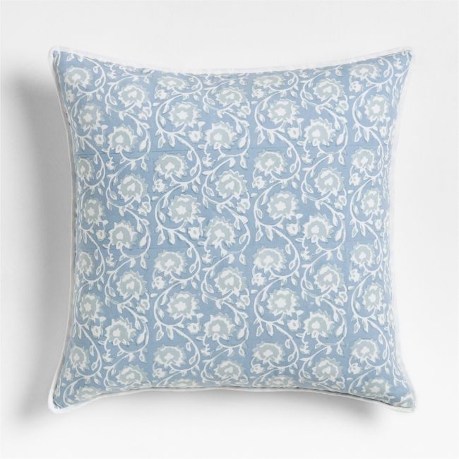 Washed Cotton 23x23 Ruka Blue Floral Reversible Hand Printed Throw Pillow Cover - Image 0