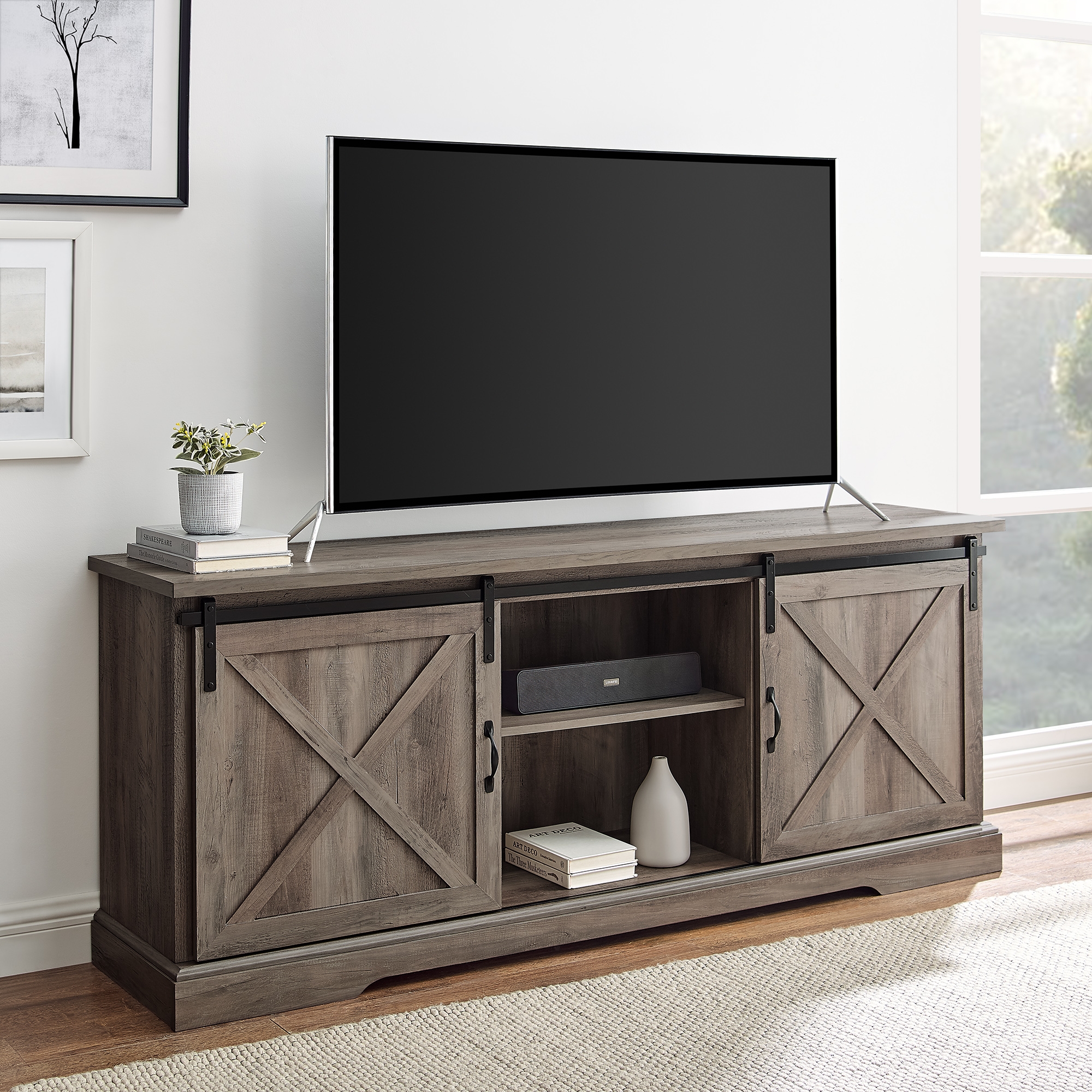 70" Sliding Barn Door TV Console - Grey Wash - Image 4