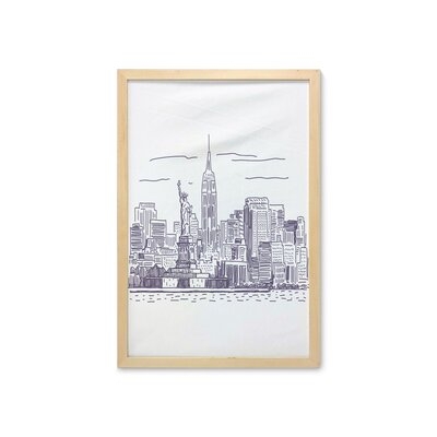 Ambesonne New York Wall Art With Frame, Sketchy Simple View Of NYC Of Liberty Freedom Ellis Island Print, Printed Fabric Poster For Bathroom Living Room Dorms, 23" X 35", Purple White - Image 0