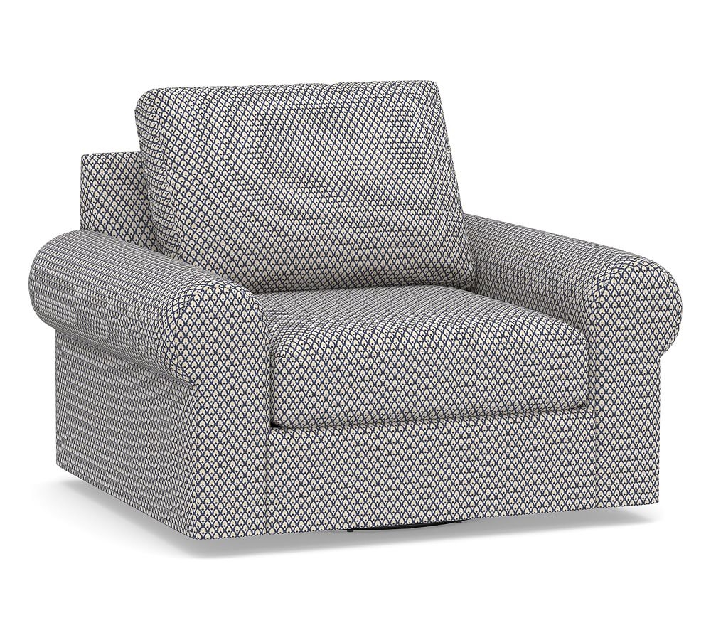 Big Sur Roll Arm Upholstered Swivel Armchair, Down Blend Wrapped Cushions, Kendall Print Navy - Image 0