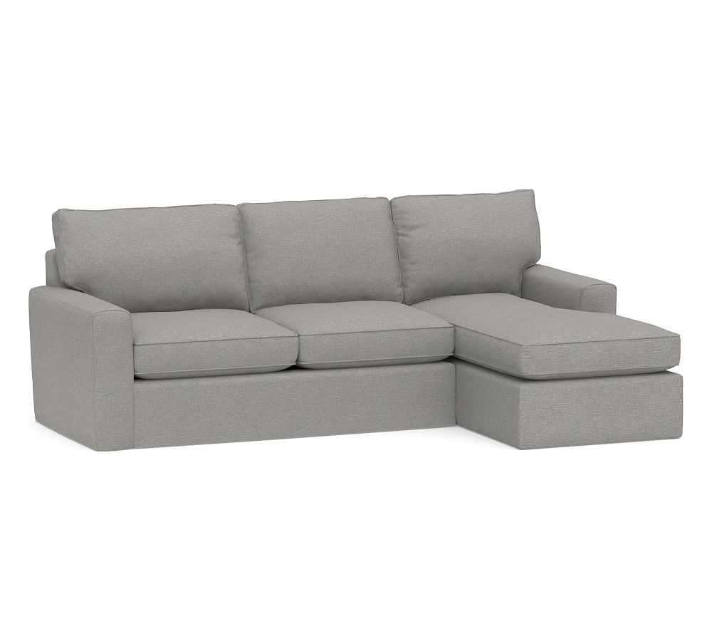 Pearce Square Arm Slipcovered Left Arm Loveseat with Chaise Sectional, Down Blend Wrapped Cushions, Performance Heathered Basketweave Platinum - Image 0