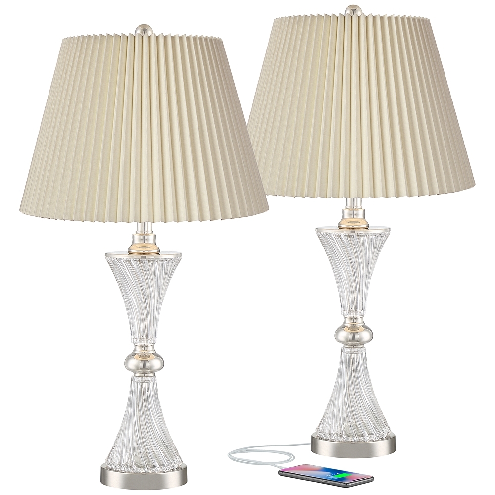 Luca Chrome and Glass USB Table Lamps with Ivory Pleat Shades Set of 2 - Image 0