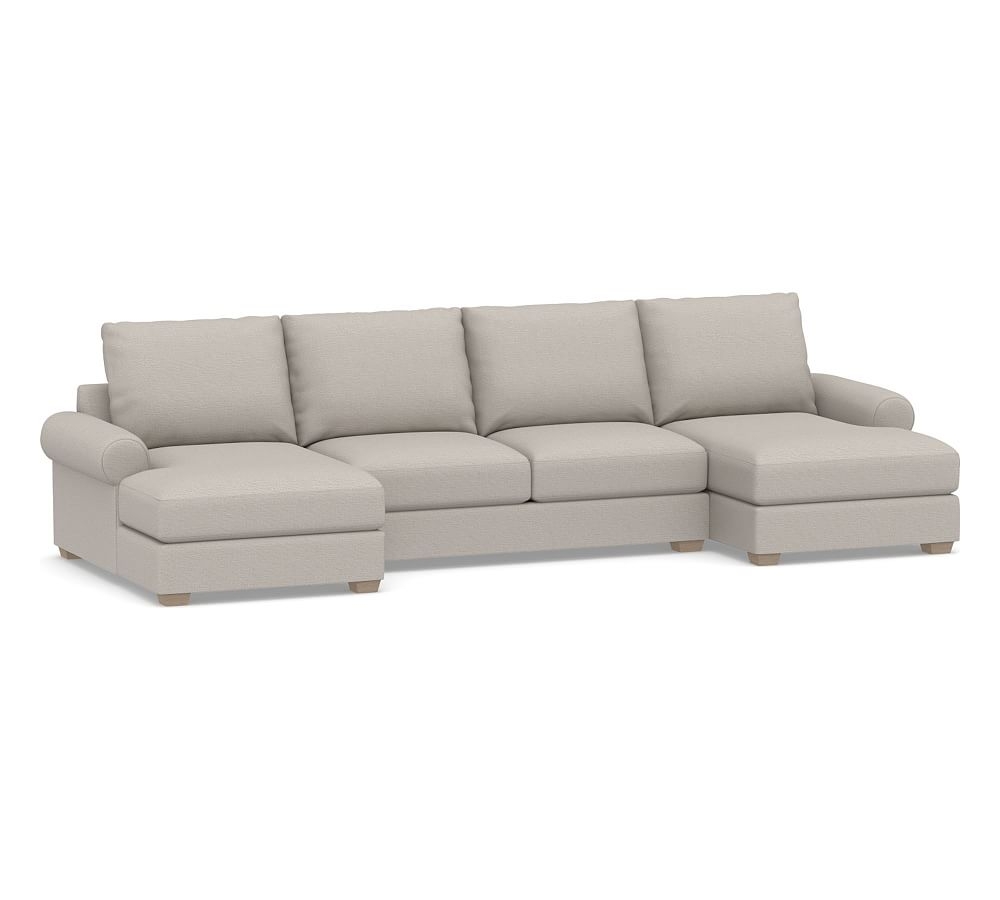 Canyon Roll Arm Upholstered U-Chaise Loveseat Sectional, Down Blend Wrapped Cushions, Chunky Basketweave Stone - Image 0