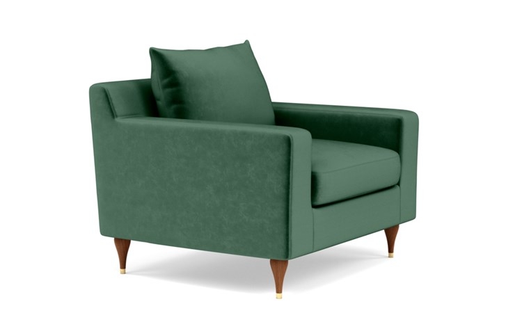 Sloan Accent Chair with Green Malachite Fabric, down alternative cushions, and Oiled Walnut with Brass Cap legs - Image 1