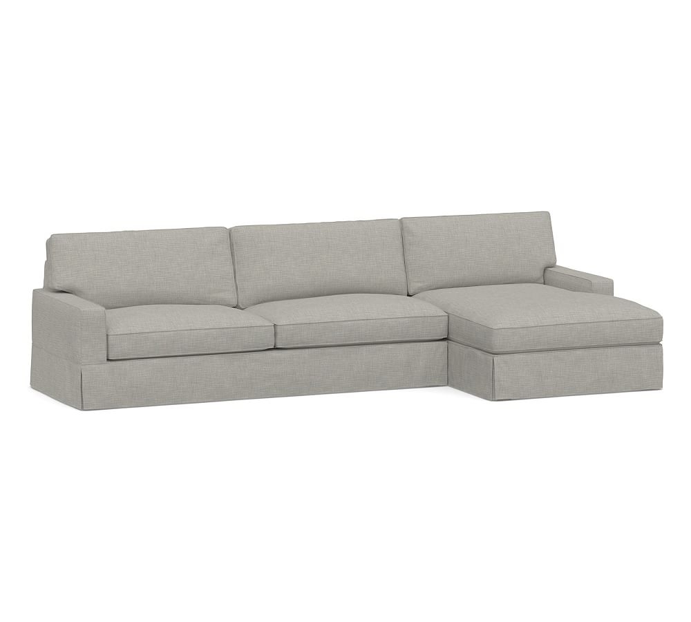 PB Comfort Square Arm Slipcovered Left Arm Sofa with Wide Chaise Sectional, Box Edge, Down Blend Wrapped Cushions, Premium Performance Basketweave Light Gray - Image 0