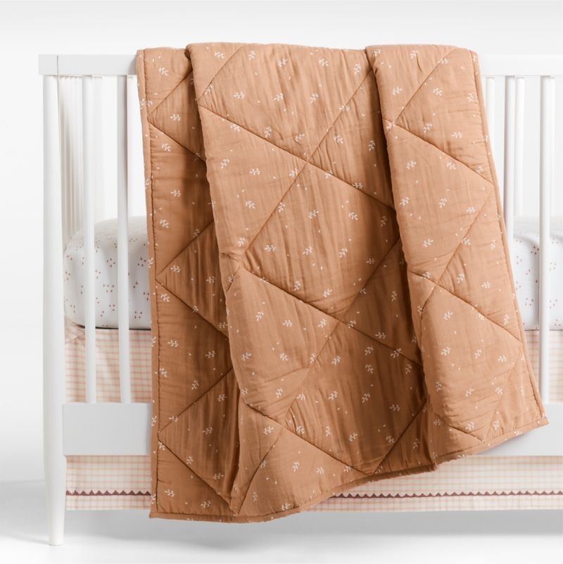 Supersoft Terracotta Leaf Print Cotton Gauze Baby Crib Quilt - Image 1