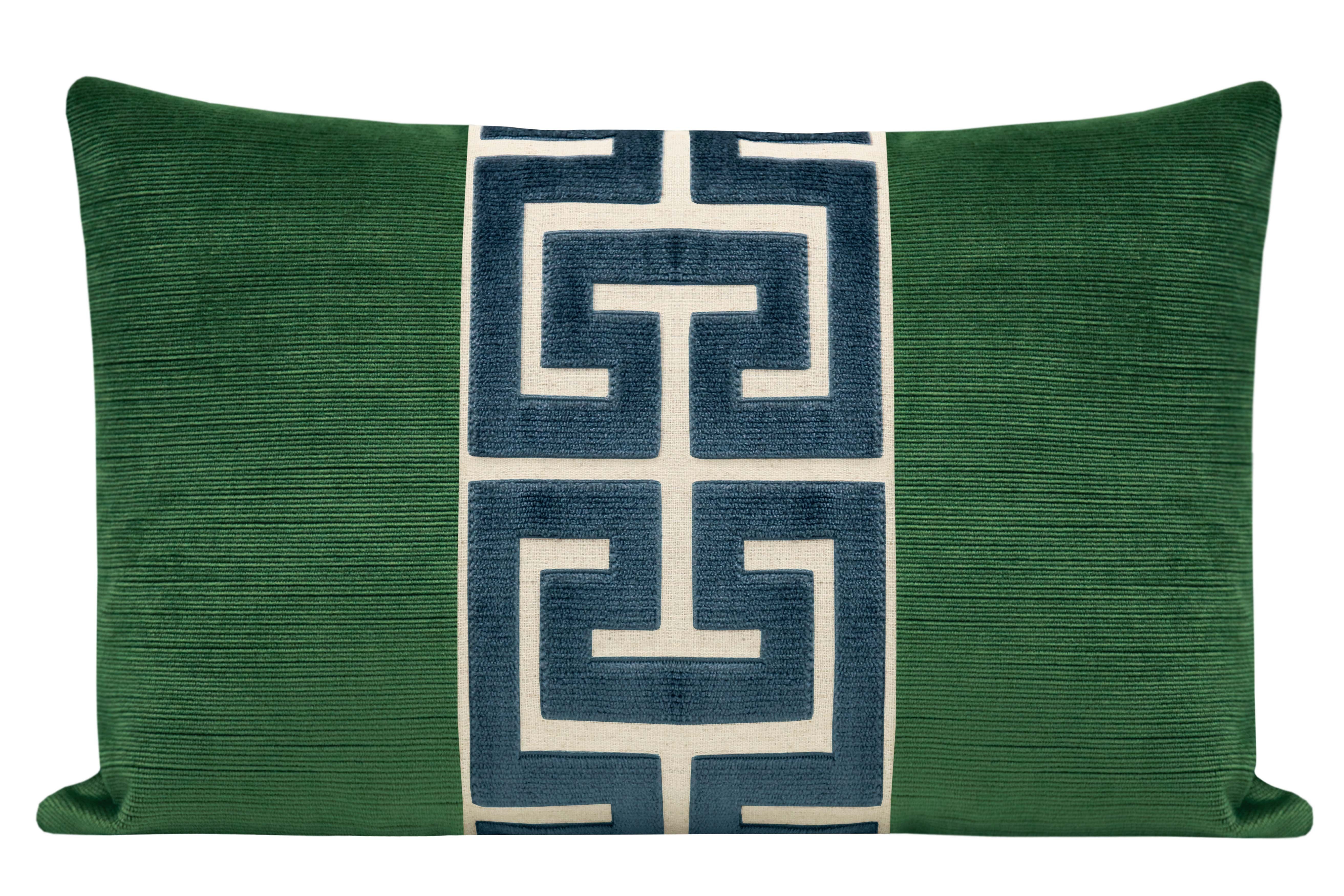 THE LITTLE LUMBAR :: STRIE VELVET // MALACHITE + NAVY BLUE GREEK TRIM - SAMPLE 4" X 4" - Image 0