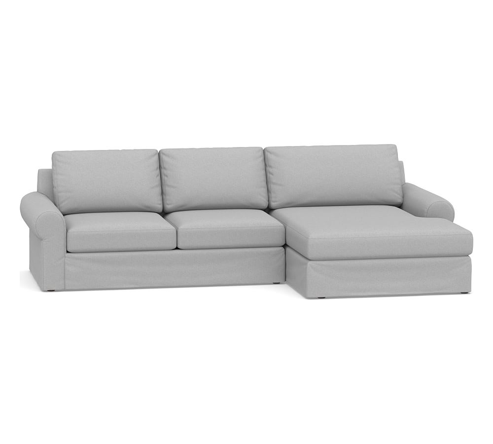 Big Sur Roll Arm Slipcovered Left Arm Loveseat with Double Chaise Sectional, Down Blend Wrapped Cushions, Brushed Crossweave Light Gray - Image 0
