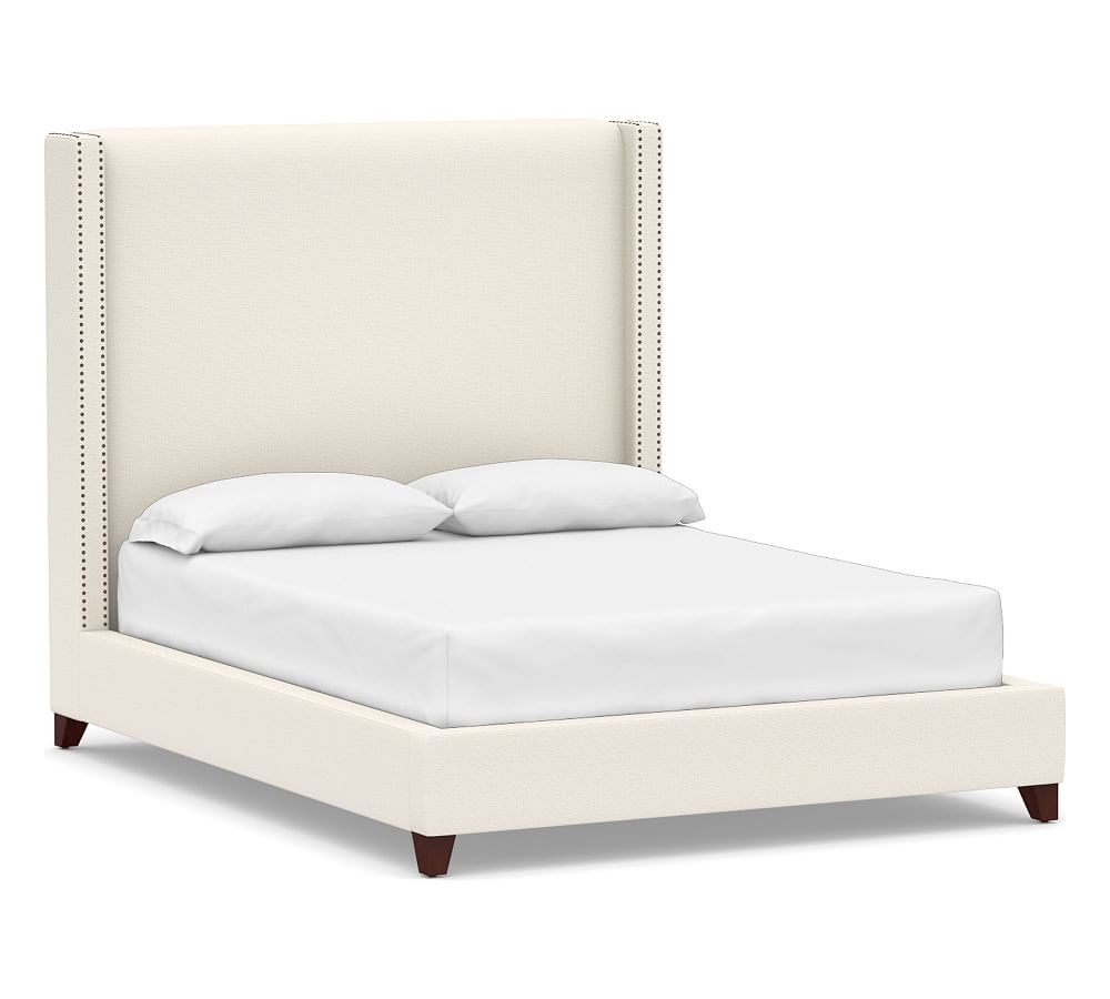 Harper Non-Tufted Upholstered Tall Bed with Bronze Nailheads, Full, Performance Chateau Basketweave Ivory - Image 0