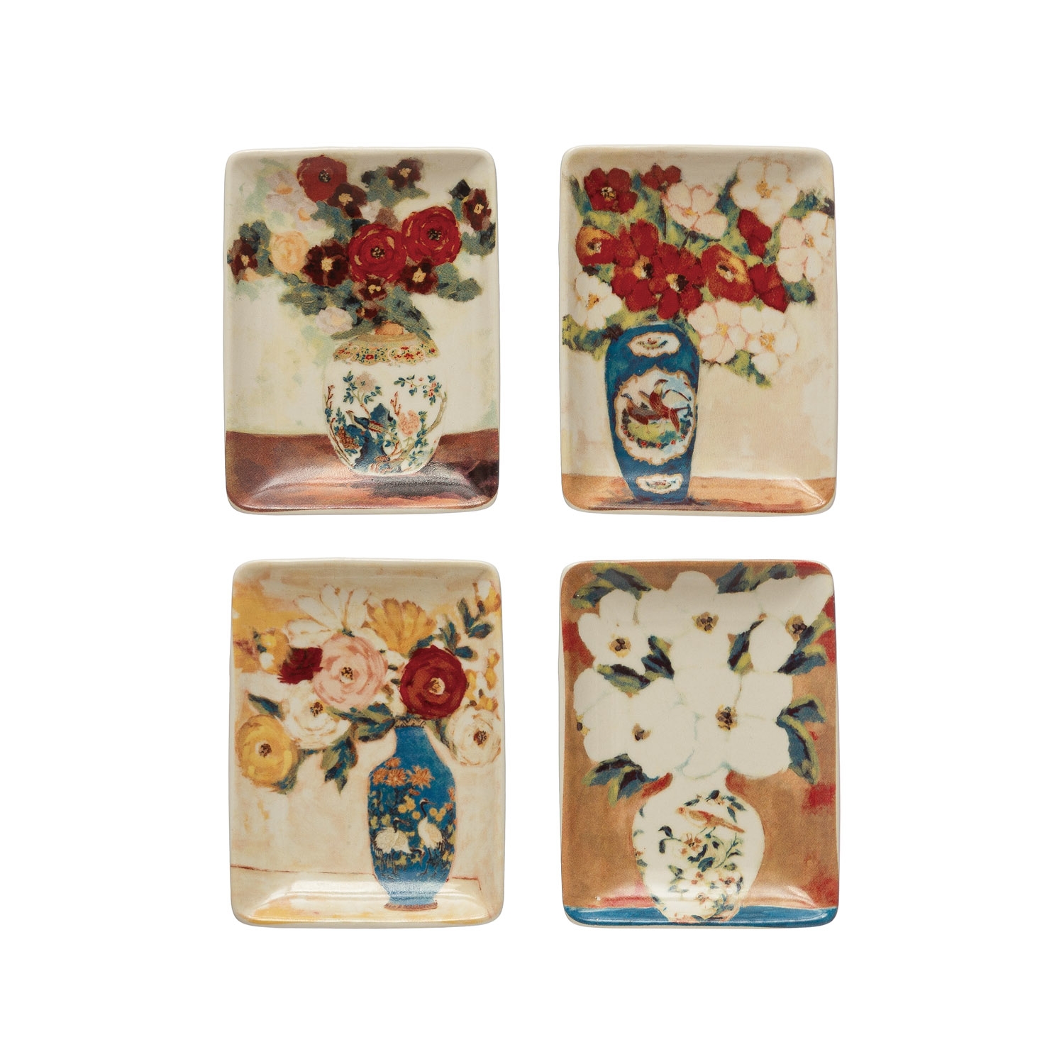 Stoneware Dish with Flowers in Vase, Set of 4 - Image 0